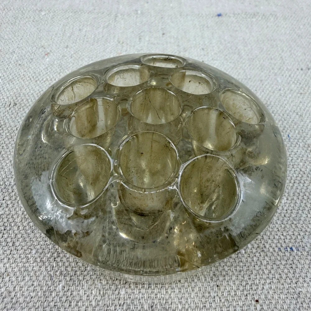 Vintage Handmade Glass Flower Frog 11 Hole Round Floral Arranger Art Deco Style